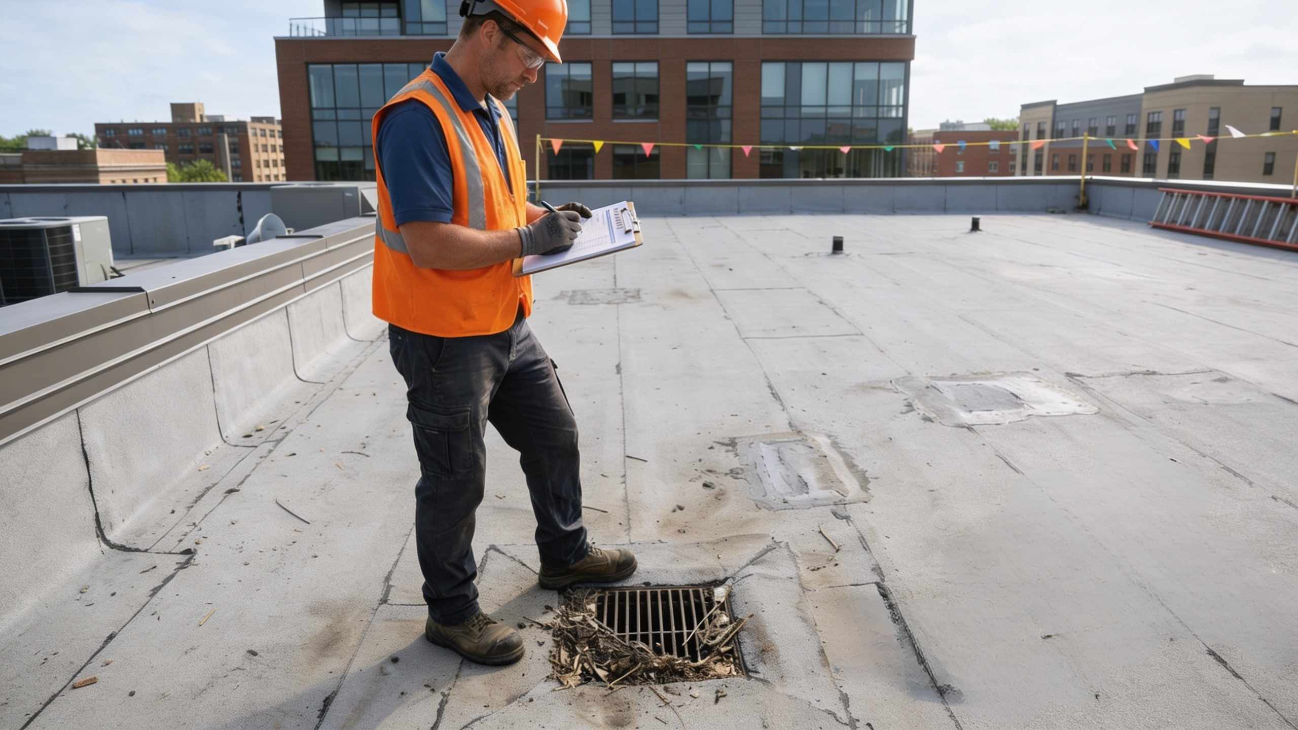 Roof inspector wearing a helmet and safety vest, taking notes near a rooftop drain and debris.