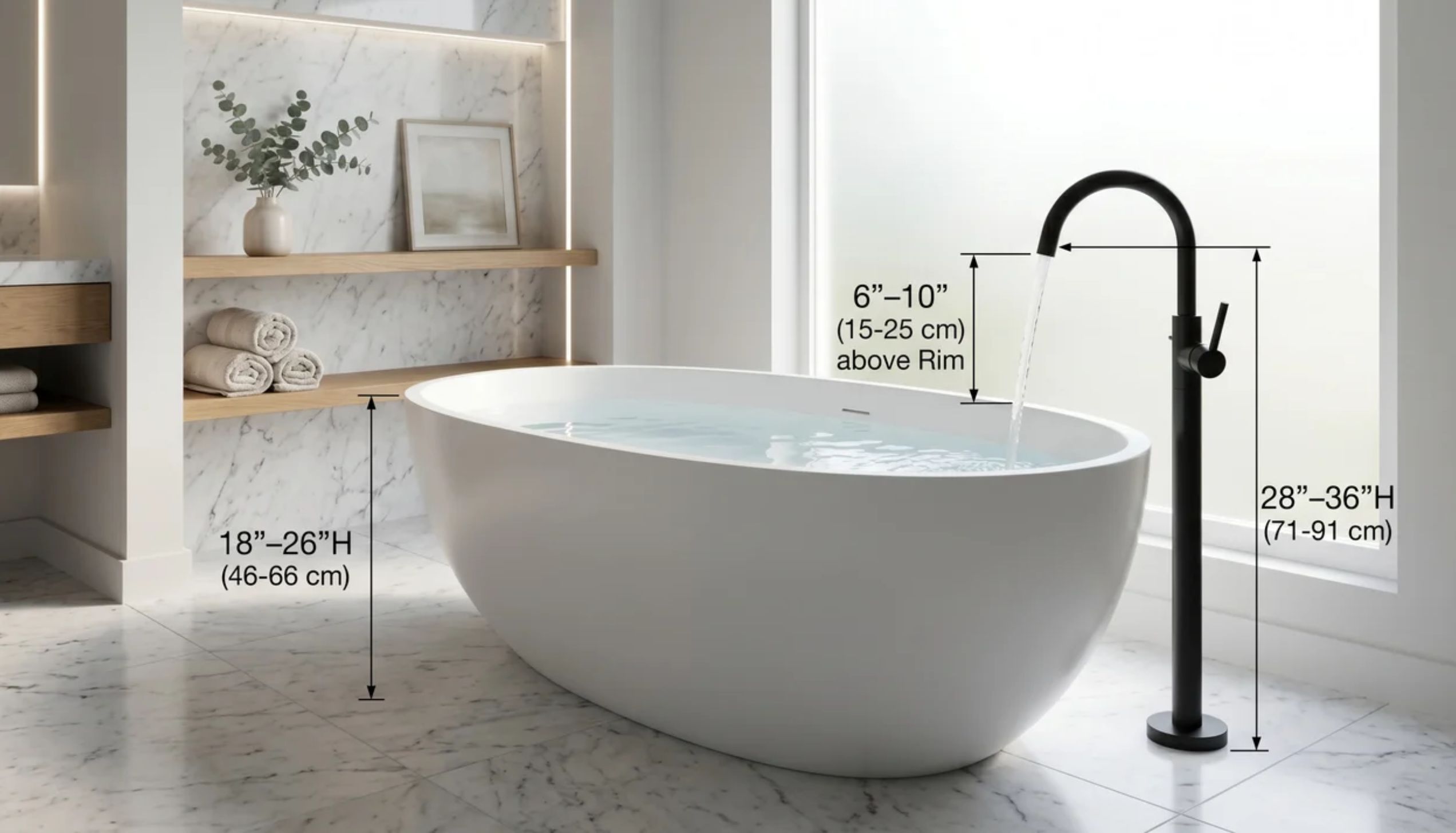 Freestanding bathtub with labeled tub spout height measurements showing faucet placement and rim clearance guidelines.