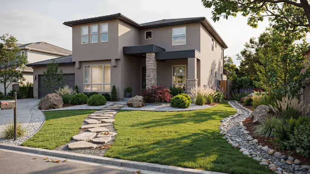 Modern front yard landscaping with rocks, boulders, gravel, and pathways in a cohesive design.
