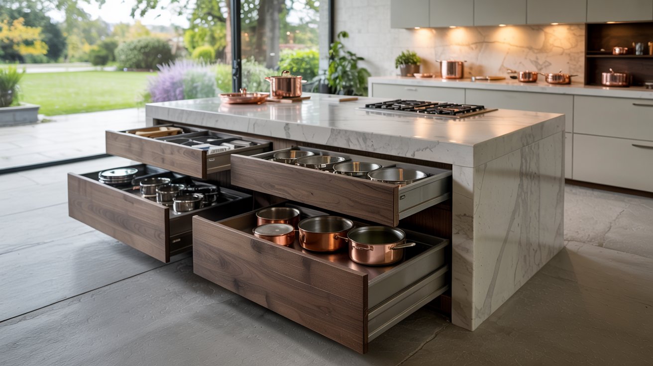 Modern kitchen island with built-in deep drawers for organized storage of pots, pans, utensils, and kitchen essentials.