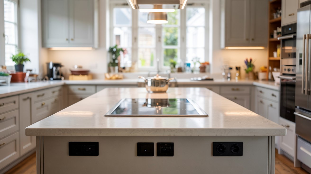 Modern kitchen island with built-in power outlets for charging devices and using appliances while cooking.
