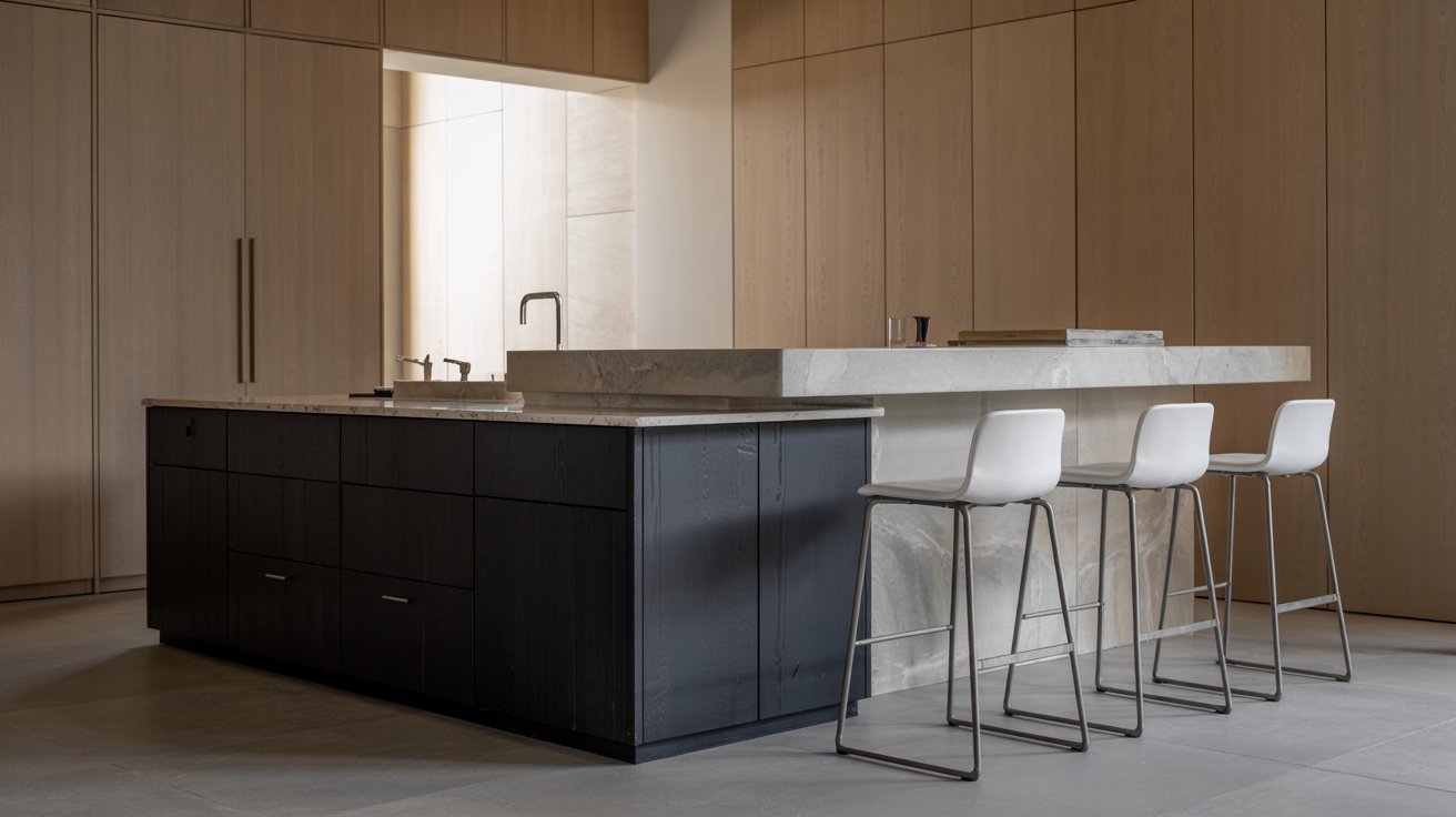 Modern dual-level kitchen island with separate prep and dining areas, creating a functional cooking and seating space.