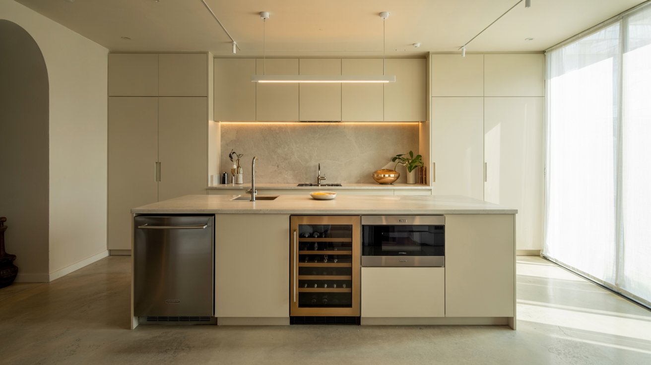 Modern kitchen island with integrated appliances including dishwasher, beverage cooler, and built-in storage for a functional layout.