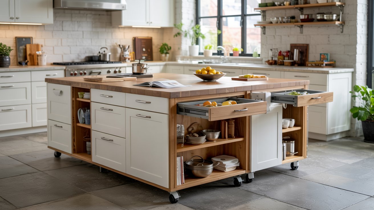 Flexible kitchen with a movable island featuring drawers, storage shelves, and an expandable design for added workspace.