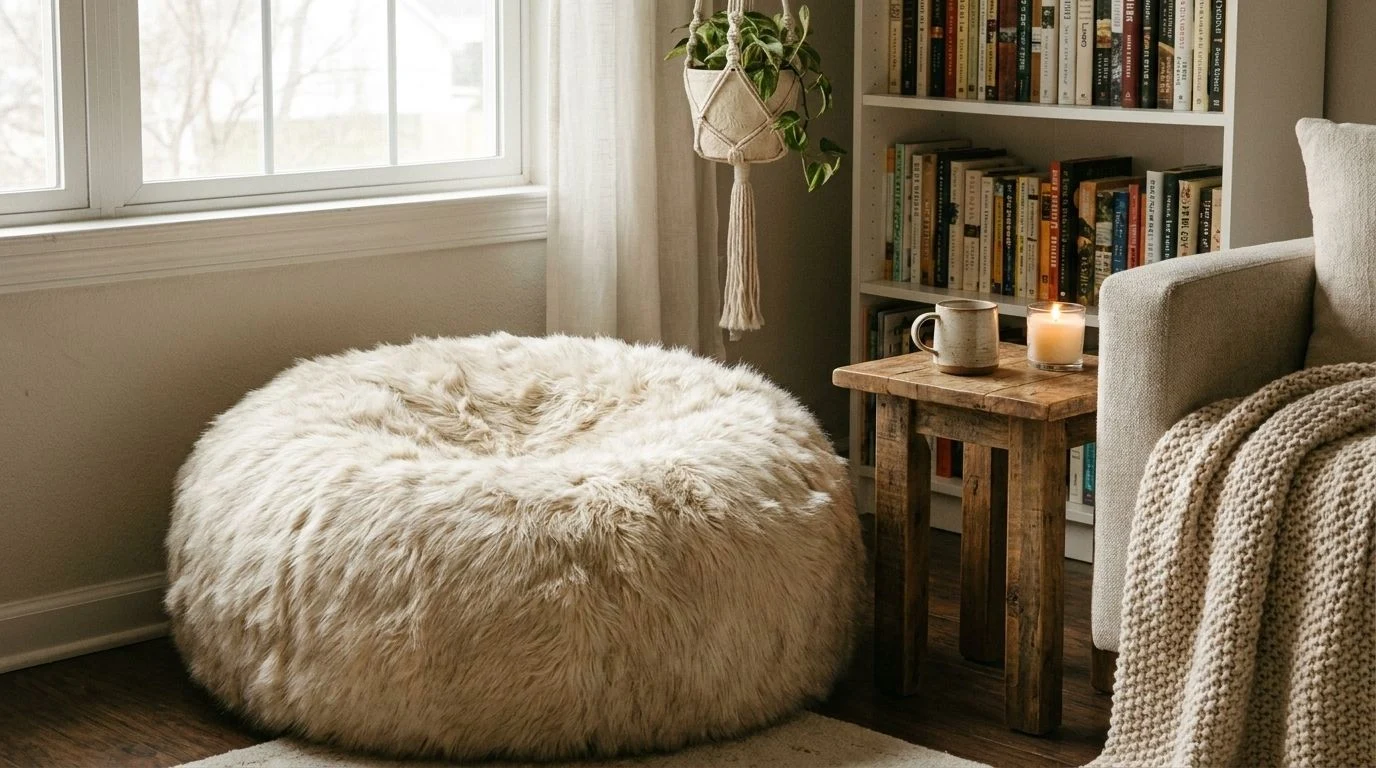 Round fake-fur floor cushion styled in a living room corner.
