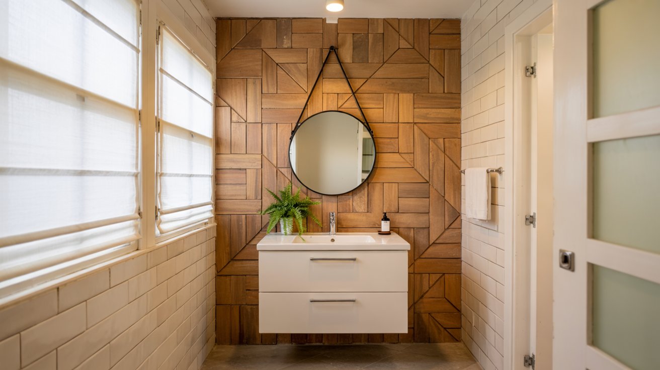 A bathroom featuring a wood-look tile accent wall in a chevron pattern behind a white floating vanity with a round hanging mirror.