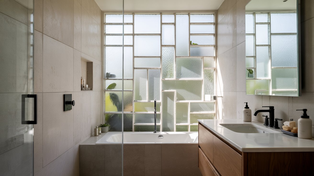 Modern bathroom featuring a translucent glass block accent wall next to a floating wooden vanity with a white countertop sink.