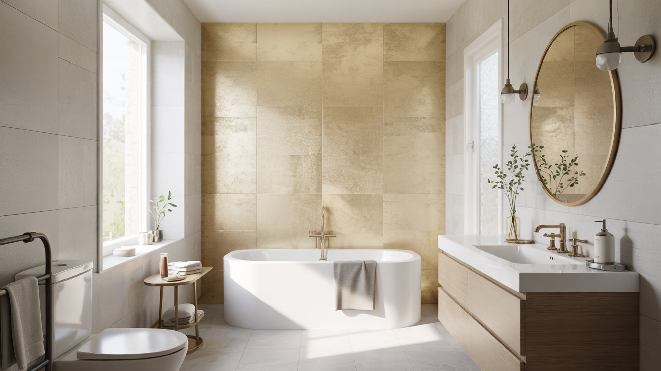 Bathroom with a shimmering gold-tinted metallic tile accent wall behind a white freestanding bathtub and an oval mirror.