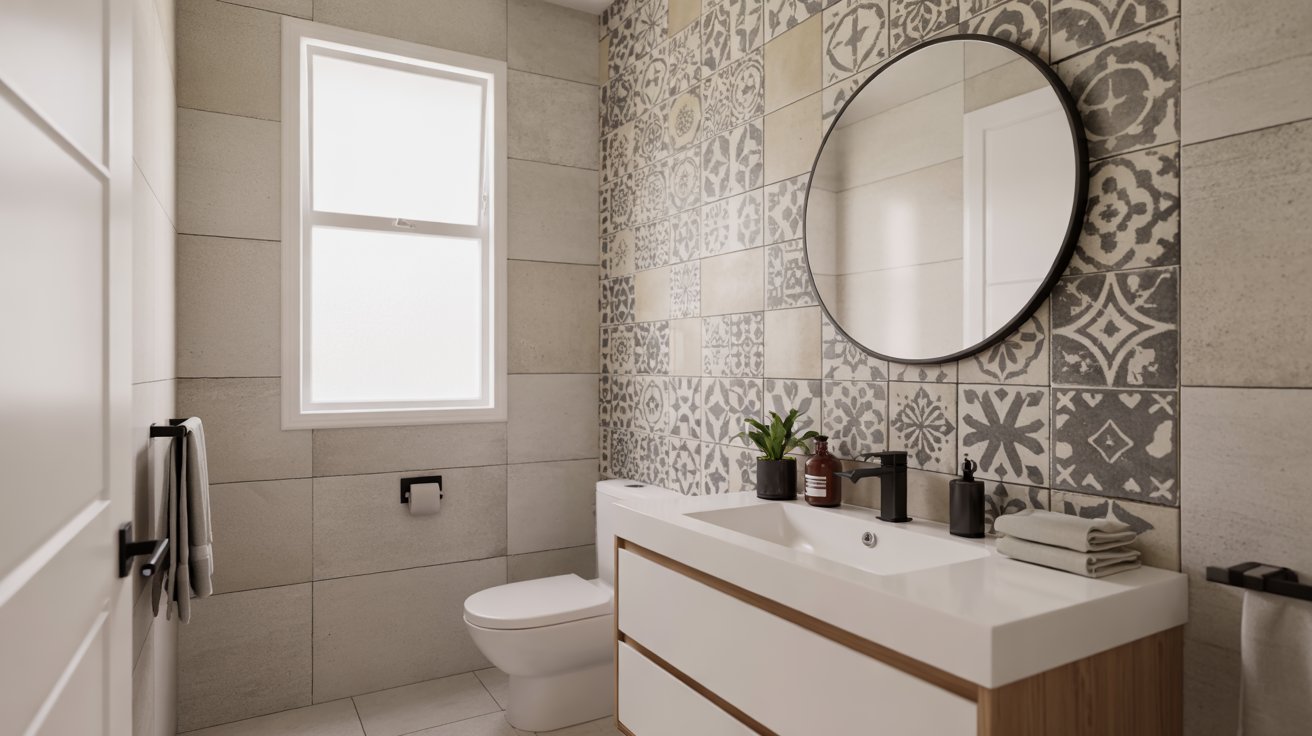 A small bathroom with a geometric patterned tile accent wall behind a round mirror and floating white vanity.