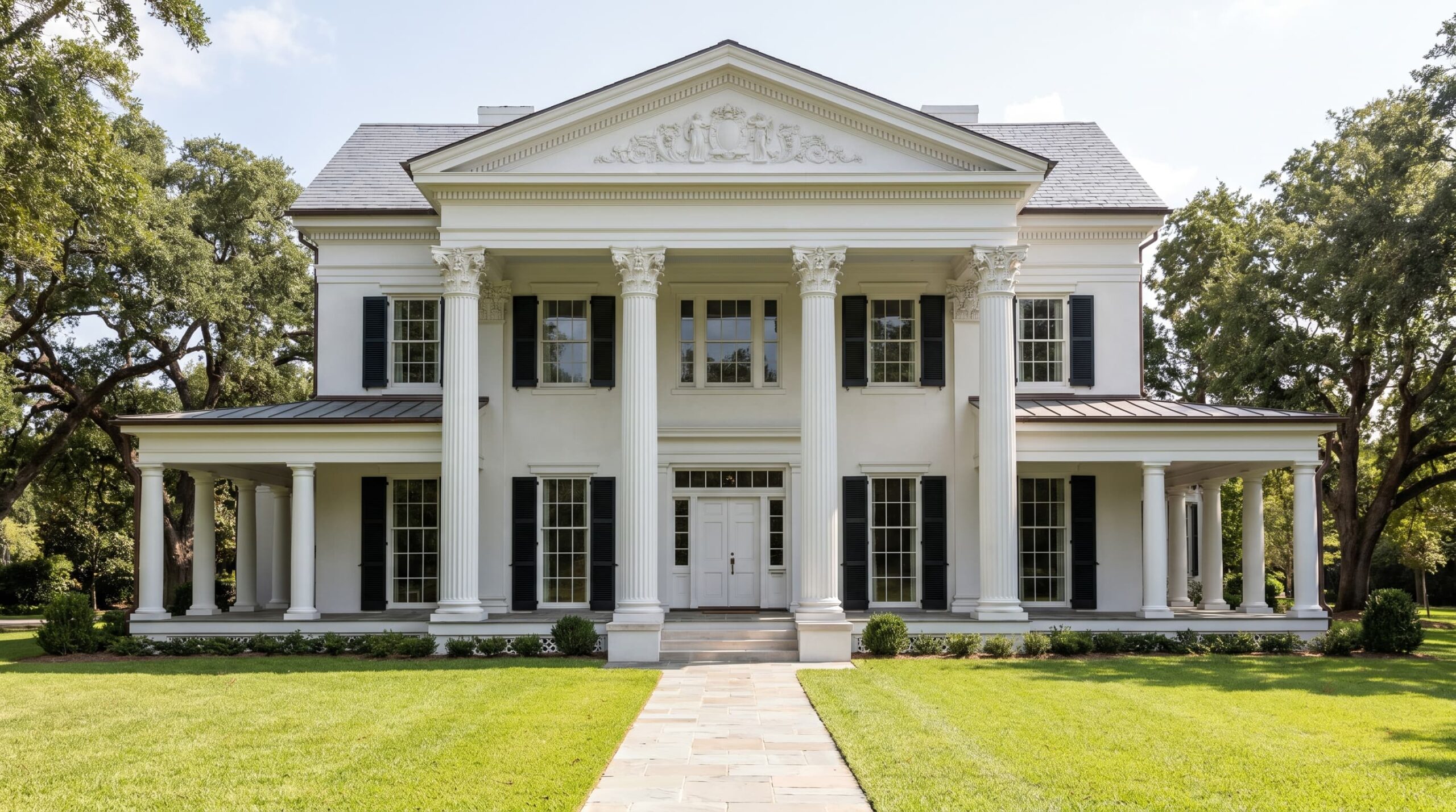 Greek Revival house with tall white columns and grand symmetrical facade