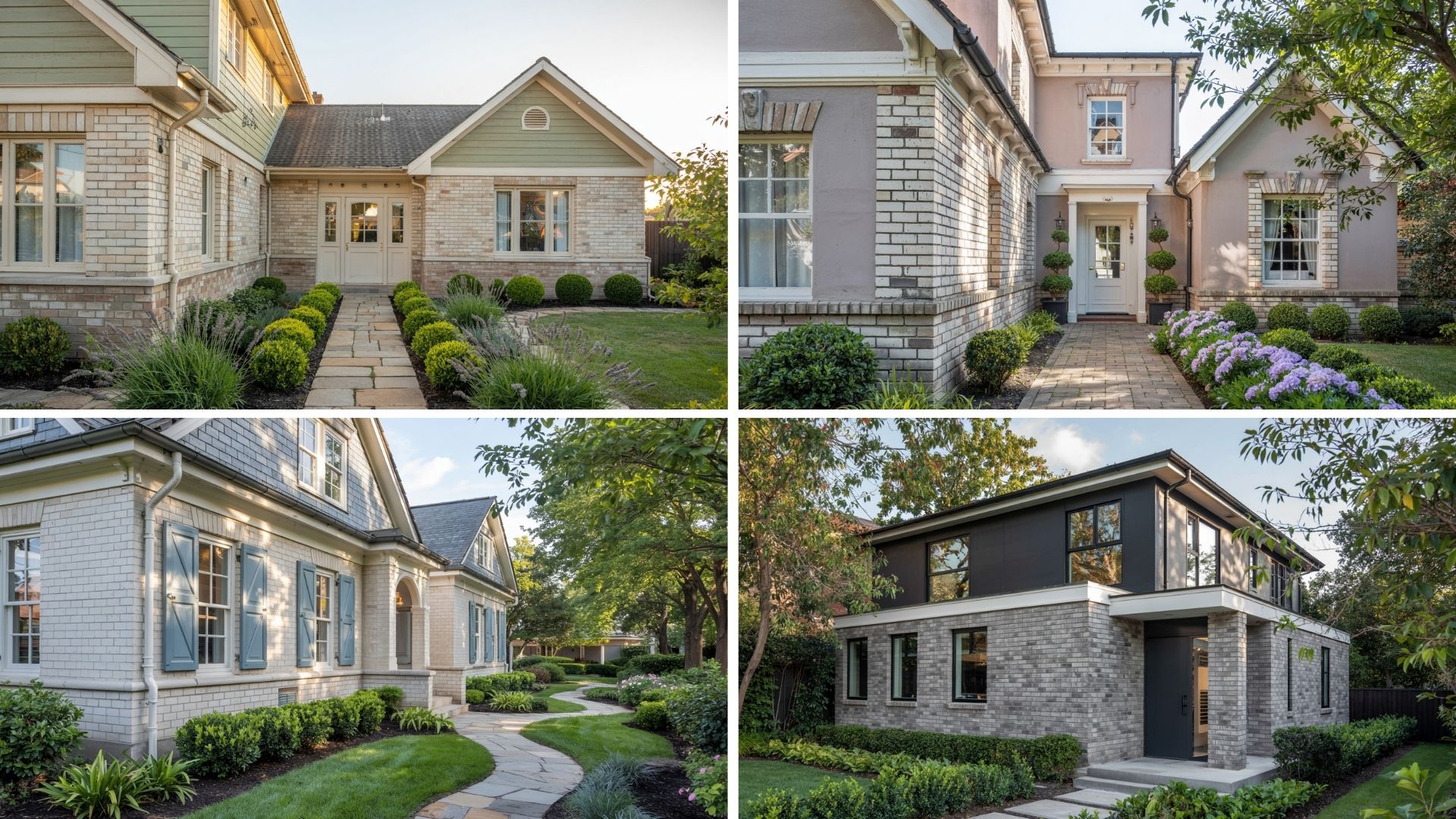A collage of four grey and white brick homes showcasing different exterior paint and trim color palettes.