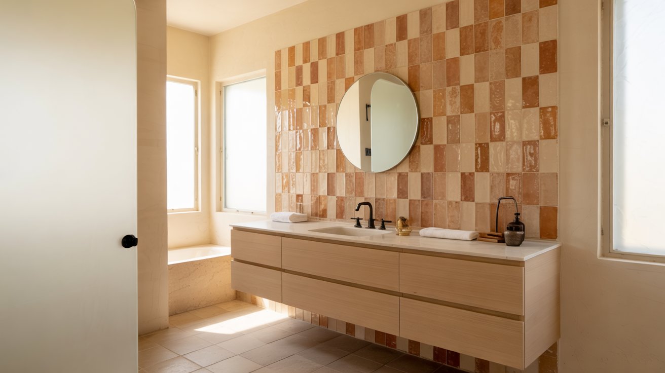 Modern bathroom with a handmade-look glazed Zellige tile accent wall behind a long white floating vanity with a round mirror.