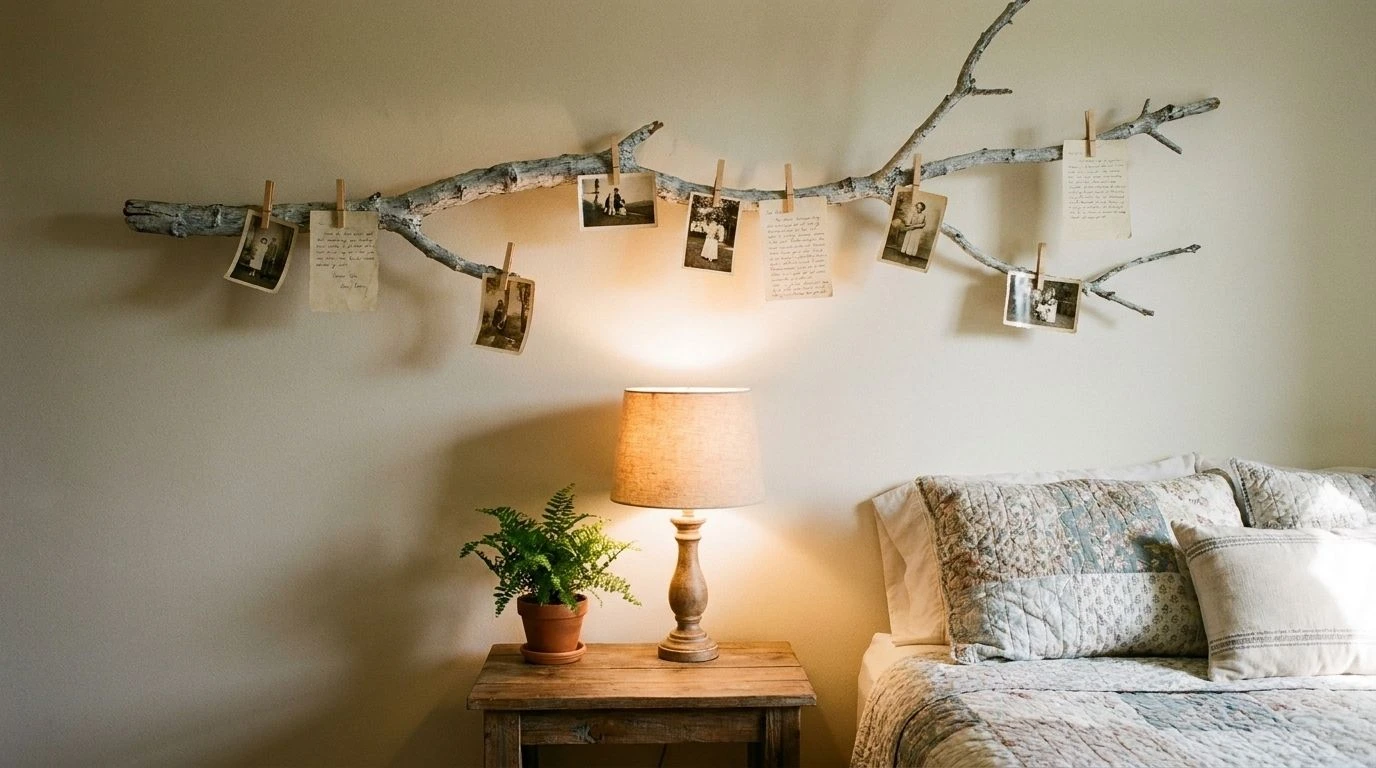 Painted branch mounted on a wall holding clipped photos and notes.