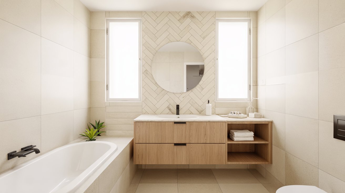 Bright bathroom with a sunny yellow accent wall behind a wood vanity, round hanging mirror, and white trim.