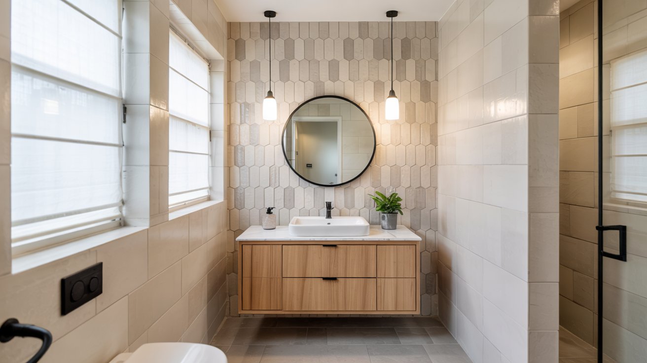 Modern bathroom featuring a hexagonal tile accent wall behind a wooden vanity with a round mirror.