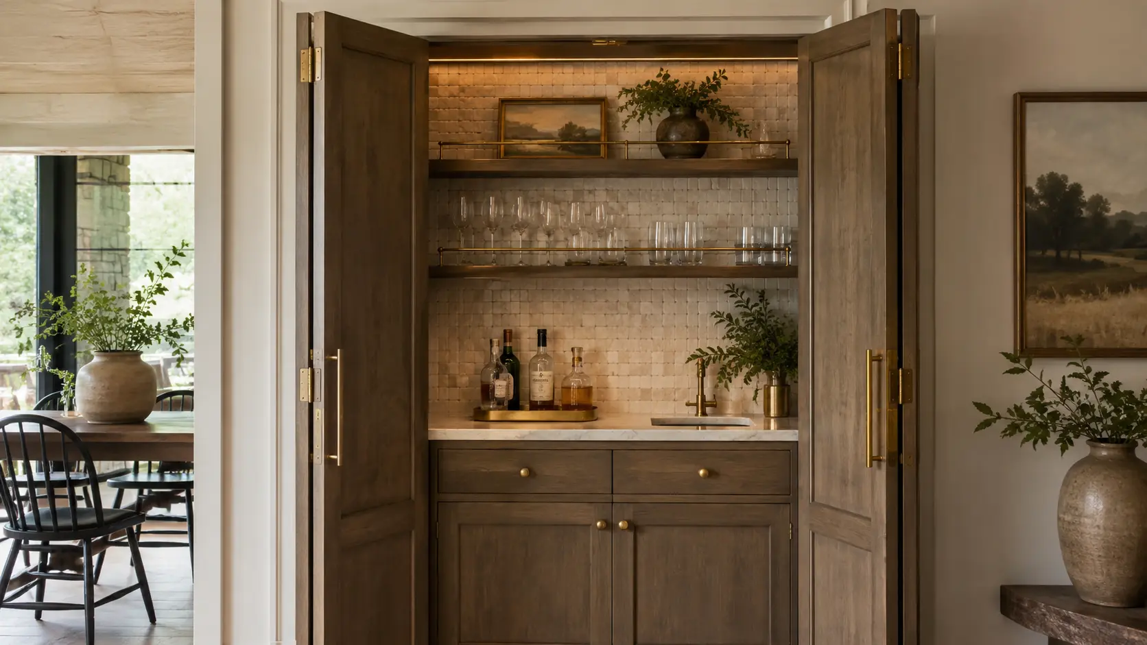 Hidden farmhouse home bar with folding wood doors, open shelves, brass fittings, textured tile, and neatly arranged glassware.