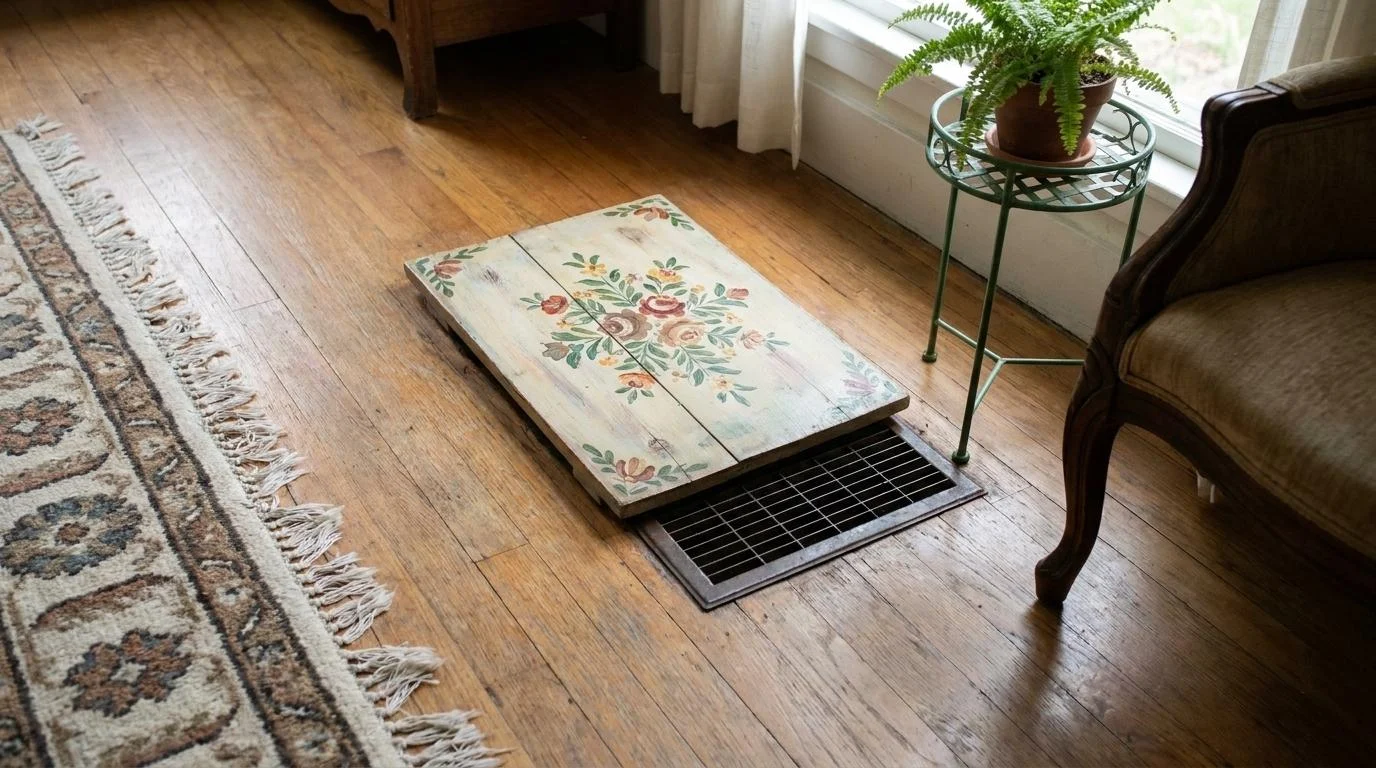 Painted wooden panel covering a floor vent in a living room.