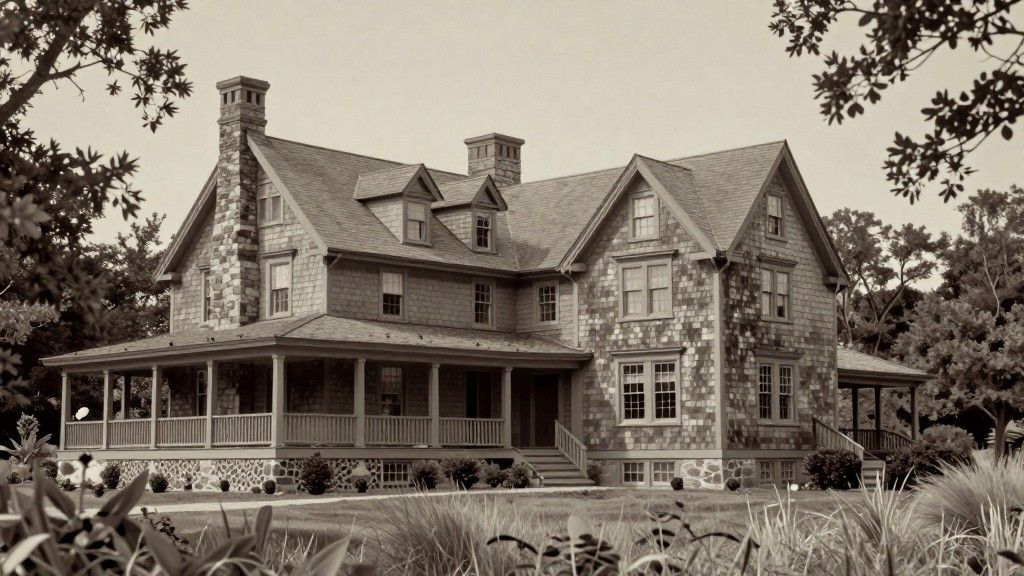 Historic shingle-style house with wraparound porch and stone detailing in a vintage tone