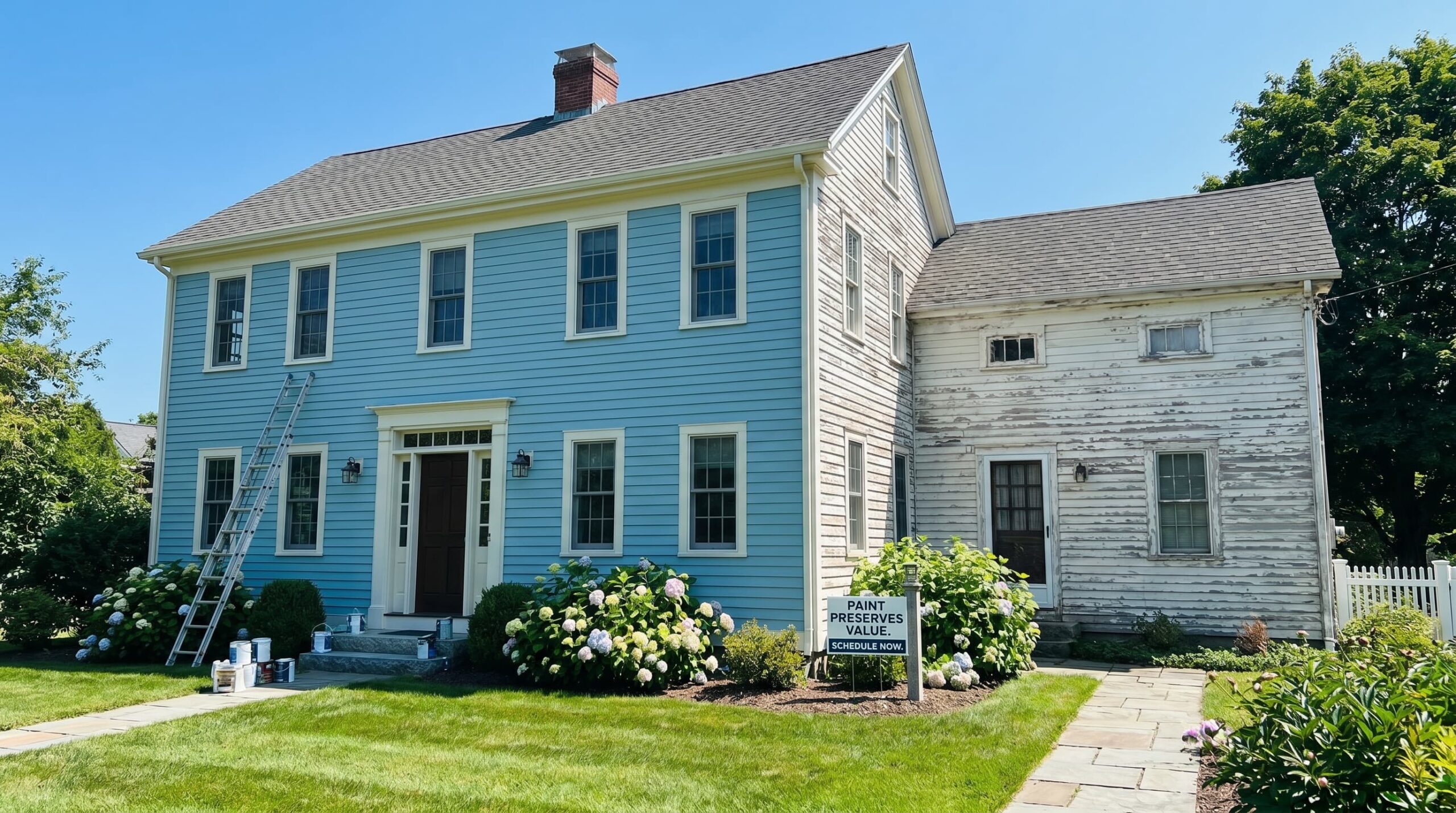 An exterior home image showing freshly painted siding, with one section well-maintained and another showing peeling or faded paint