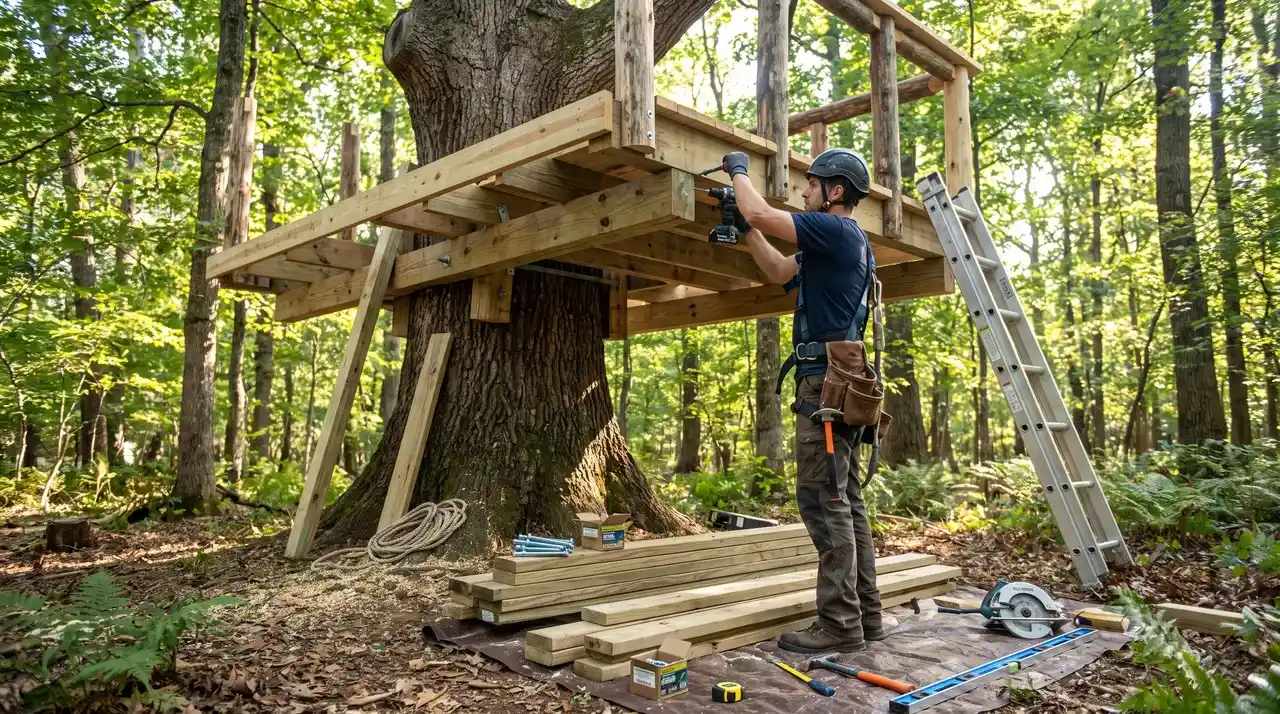A person building a wooden treehouse using tools and safety equipment.
