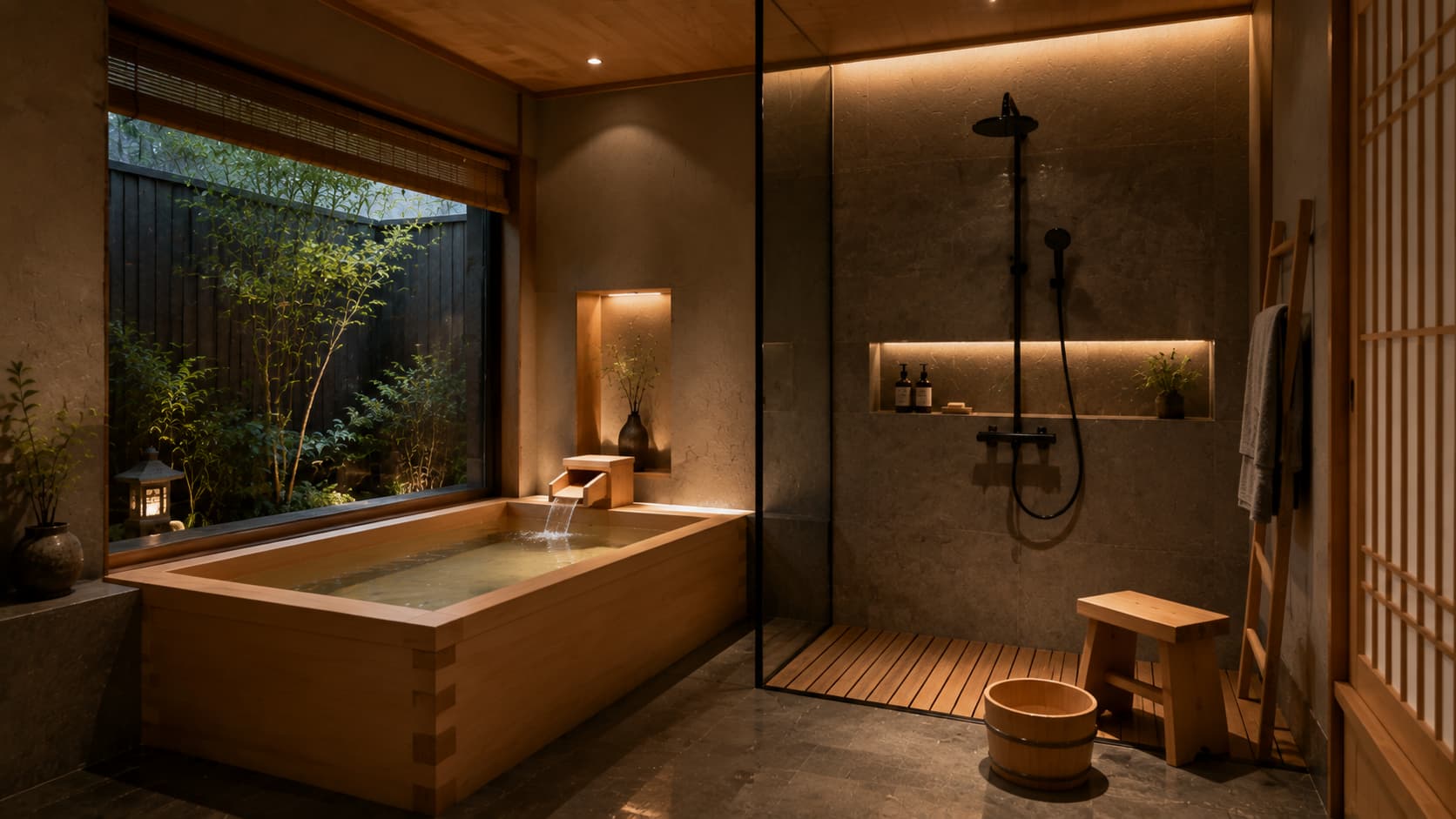 A traditional wooden soaking tub filled with water inside a Japanese bathroom, featuring an open stone-floor shower area and a window showing bamboo.