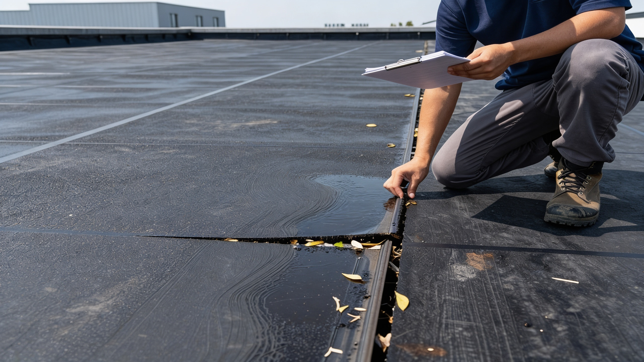 Roof inspector kneeling on a flat roof, checking for water accumulation and debris in a gap.