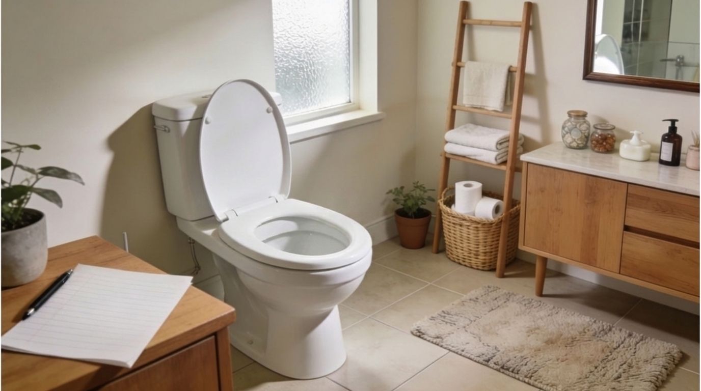 Modern bathroom, white toilet, tape measure across bowl, cozy realistic decor, eye-level view.