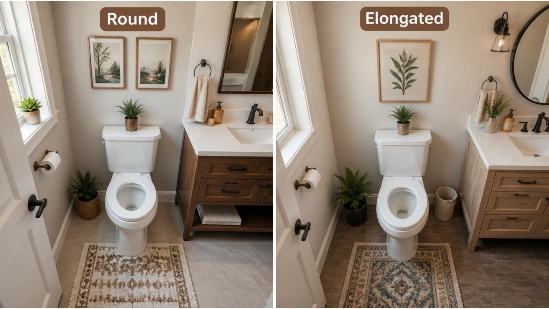“Full modern bathroom, eye-level view, one-piece and two-piece toilets visible, bath rug, potted plants, ladder shelf with towels, wicker basket, vanity with decorative items, illustrating how to identify toilet type for proper seat fit.”