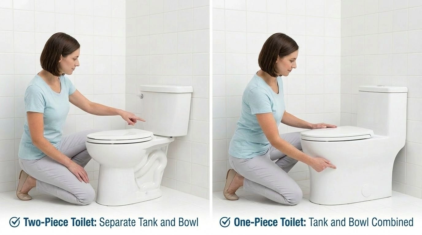 Split image comparing two-piece and one-piece toilet types for choosing correct seat