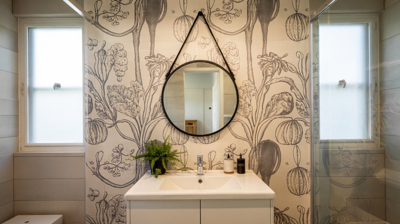 Bathroom with an illustrated sketch-style wallpaper accent wall behind a white vanity, a round mirror, and two windows.