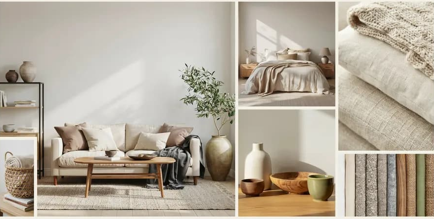 Modern rustic interior color palette with warm neutral shades, natural wood, soft beige tones, and earthy decor elements.