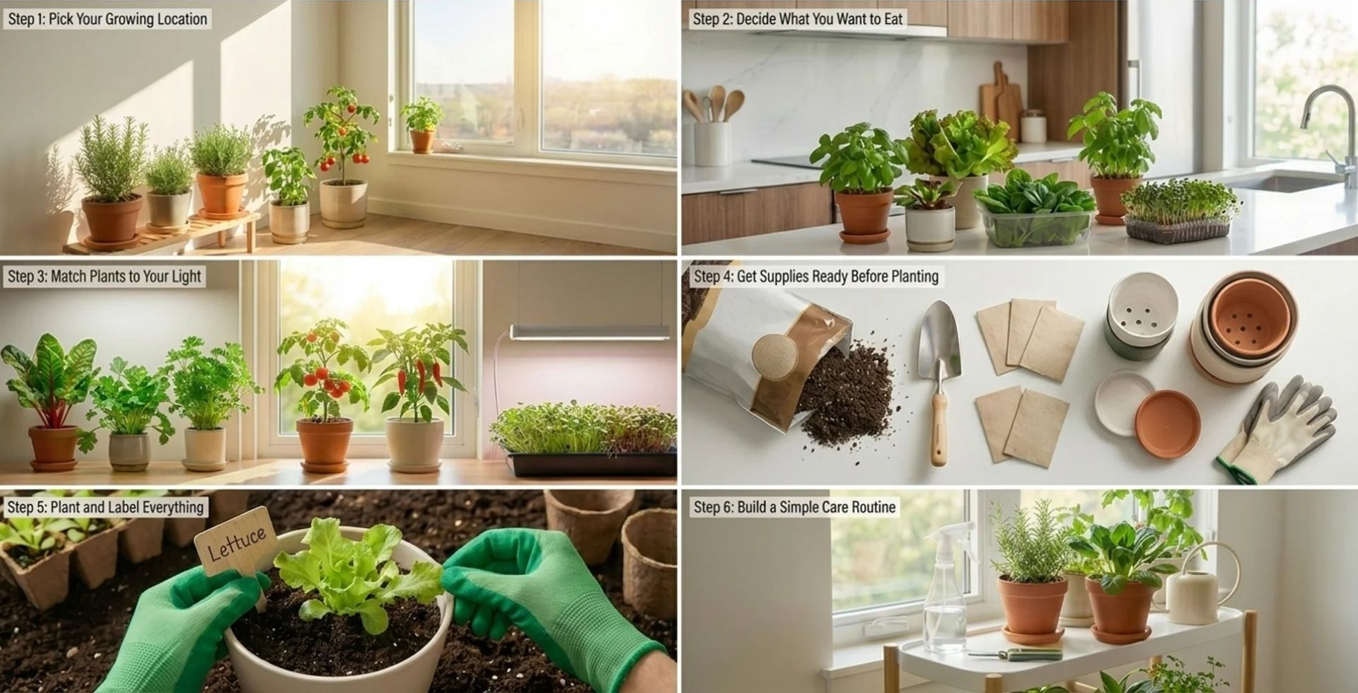 Step-by-step collage showing how to start an apartment indoor vegetable garden with plants and supplies.