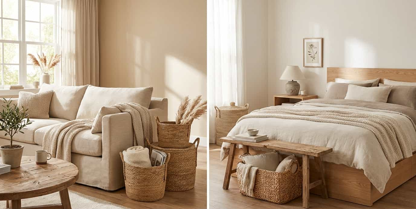 Modern rustic living room and bedroom storage ideas with woven baskets for blankets and decor.