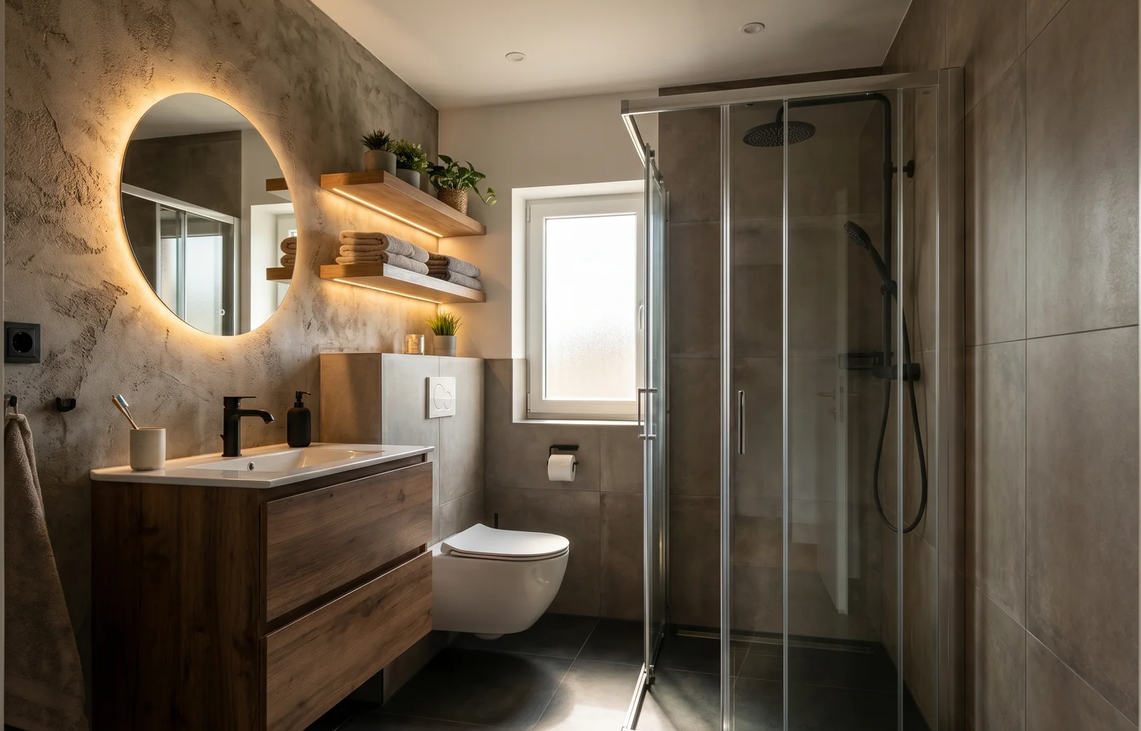 Modern bathroom with a textured concrete accent wall, a floating wooden vanity, a backlit round mirror, and a glass shower stall.