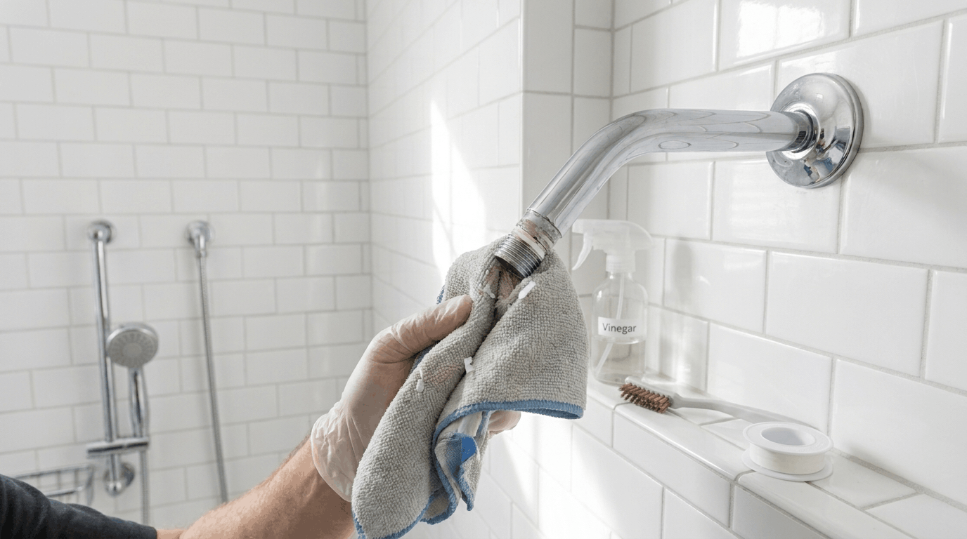 Inspecting exposed shower arm threads for corrosion, old tape residue, and mineral buildup before installing a new showerhead in a white tiled bathroom.