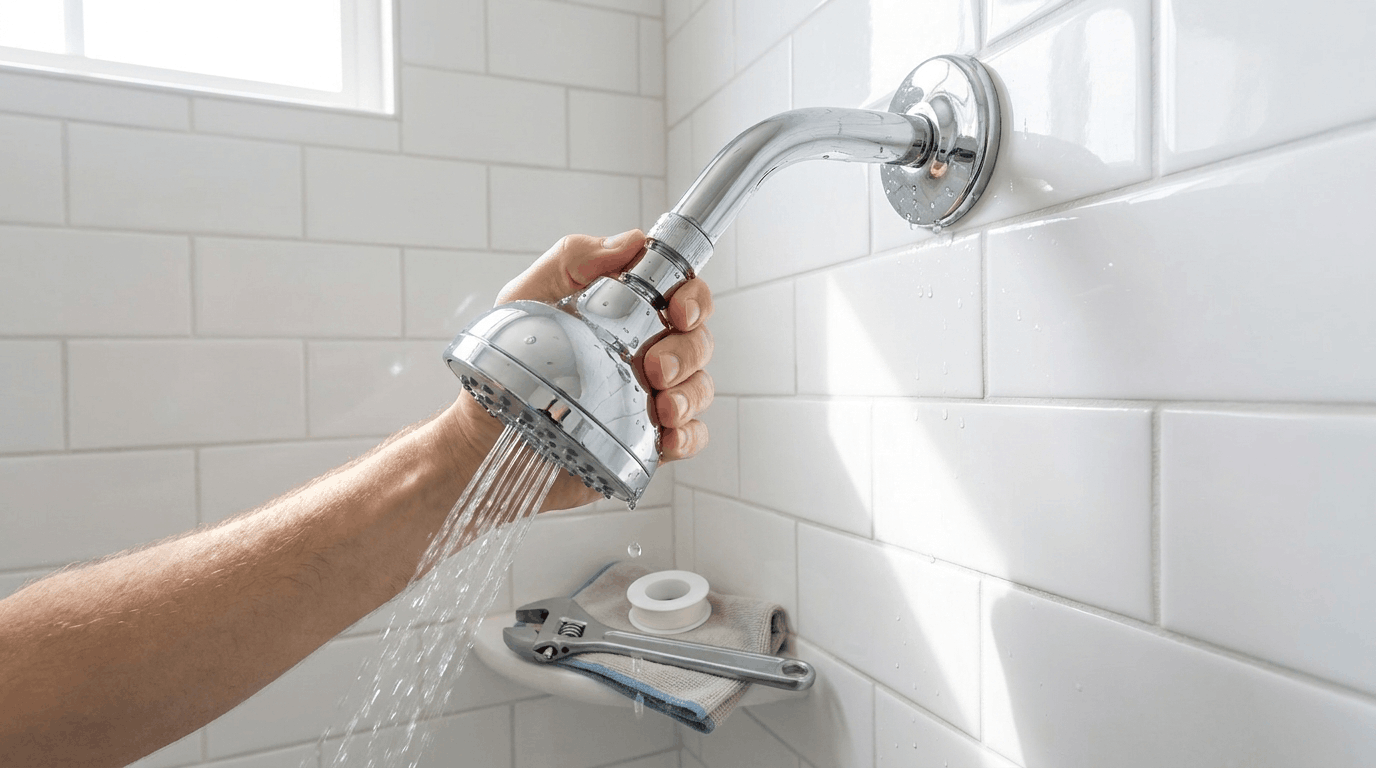 A person installing a new chrome showerhead in a white tiled bathroom while checking the connection for leaks after tightening the fixture.