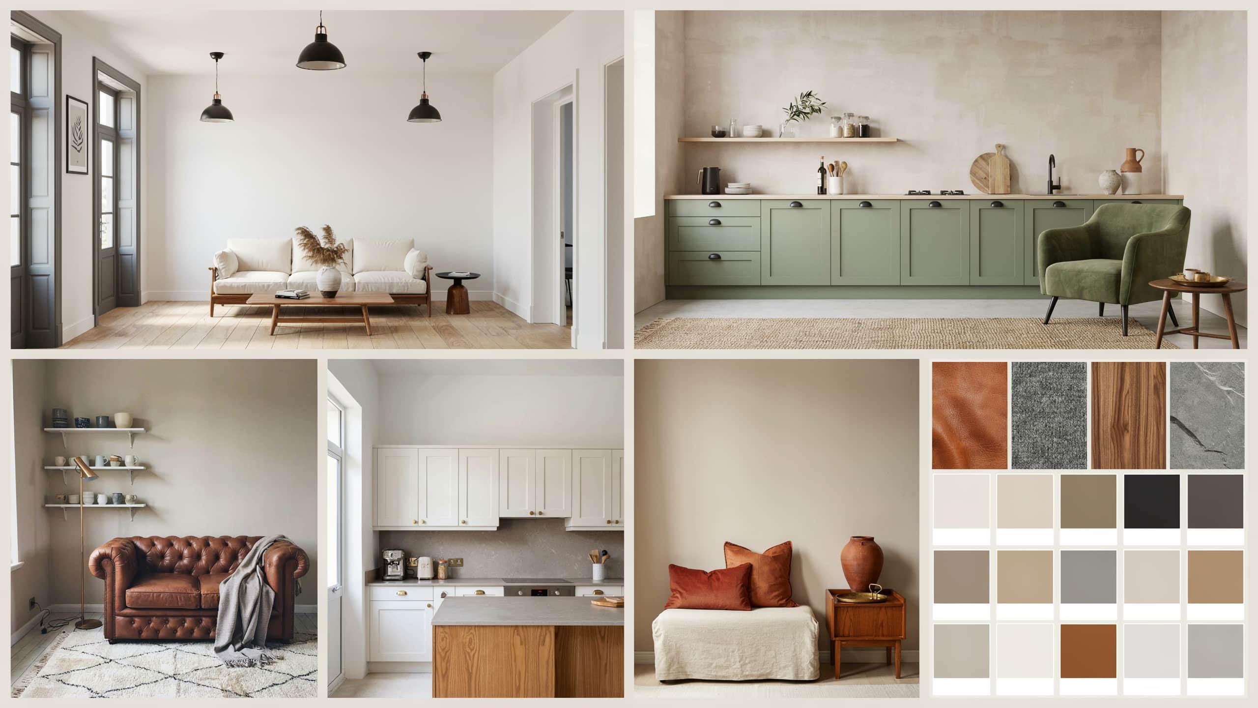Modern rustic interior design color palette collage with neutral rooms, wood furniture, green cabinets, leather sofa, and earthy color swatches.