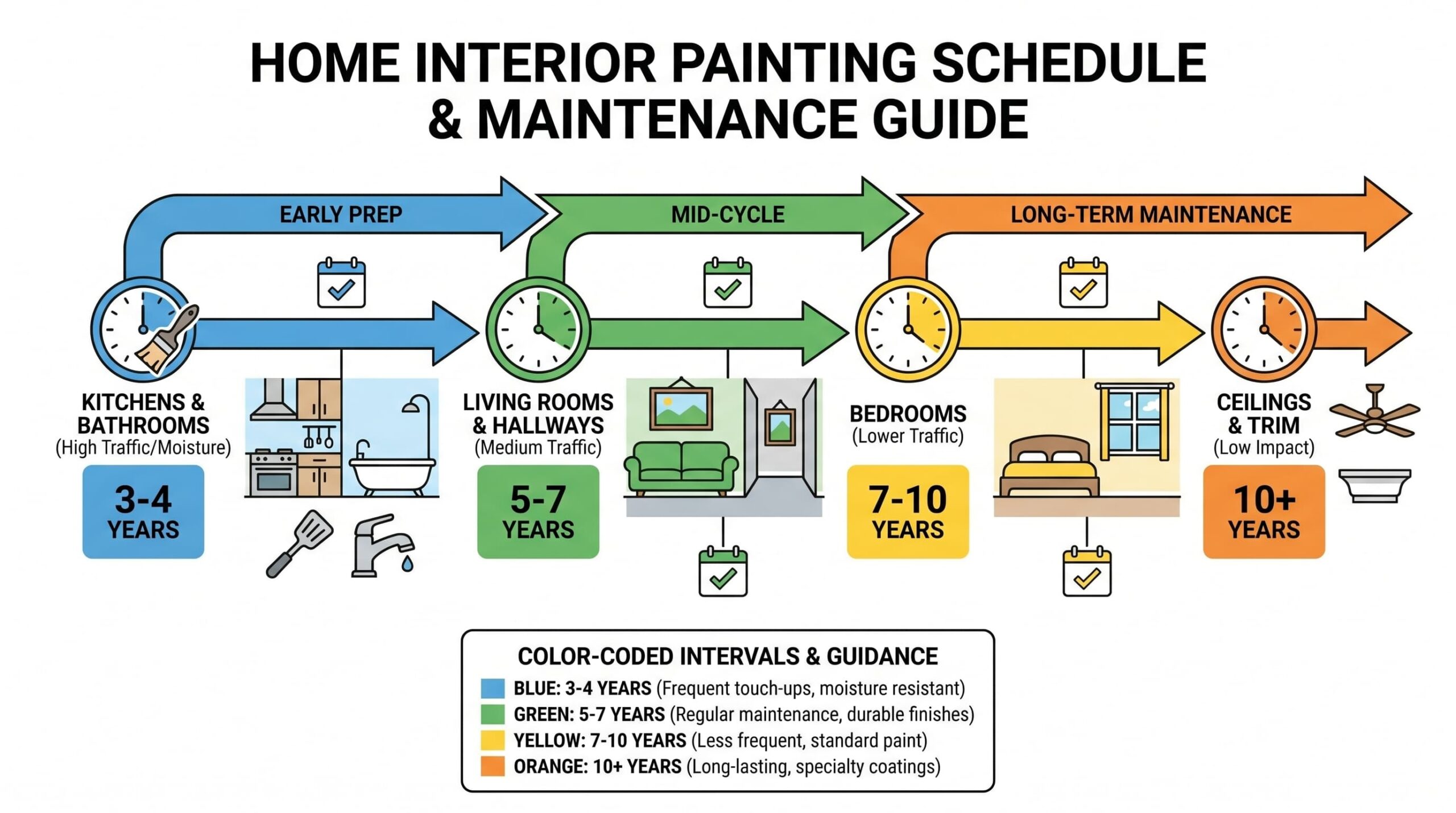 Infographic showing home interior painting schedule and maintenance guide broken down by room type and timeline.