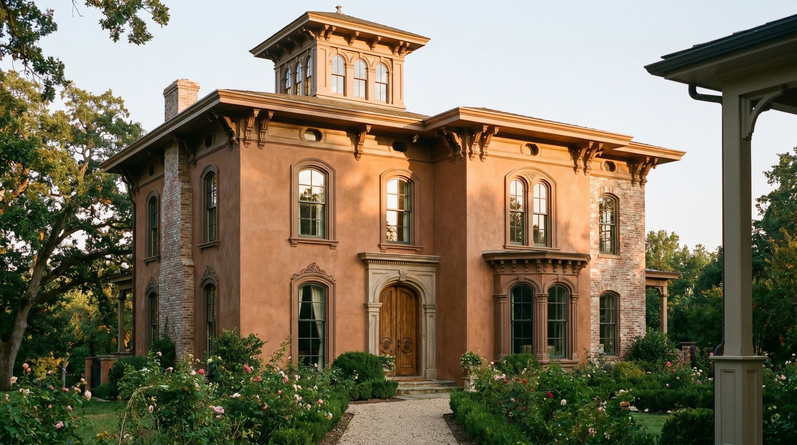 Italianate home with tall windows, decorative brackets, and a tower