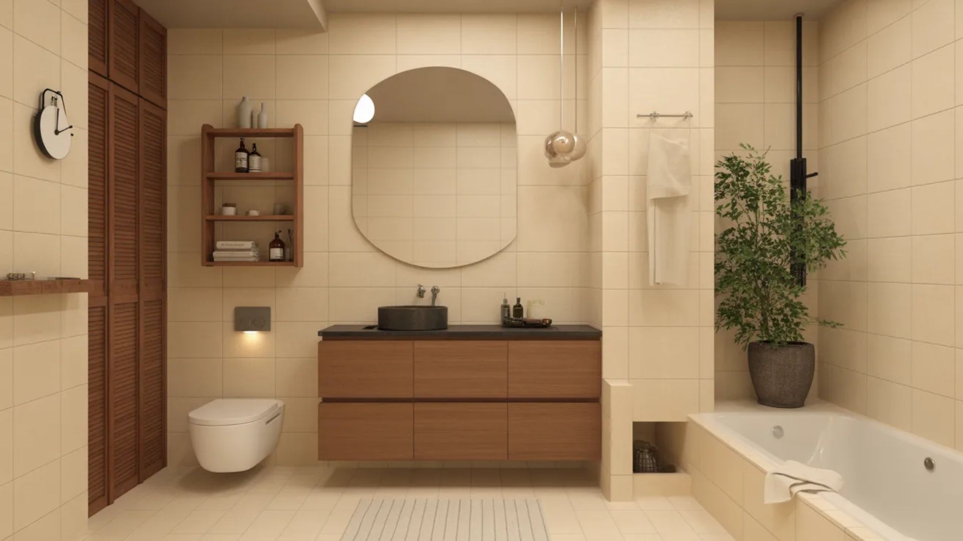 Modern Japandi bathroom with beige tiles, a floating wood vanity, a dark vessel sink, an oval mirror, and a smart toilet.