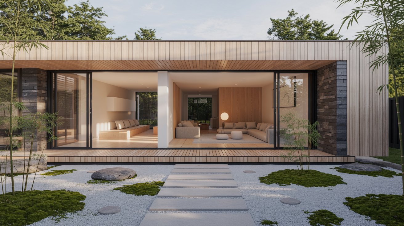 Japandi home with minimal design, natural materials, and calm, neutral tones.