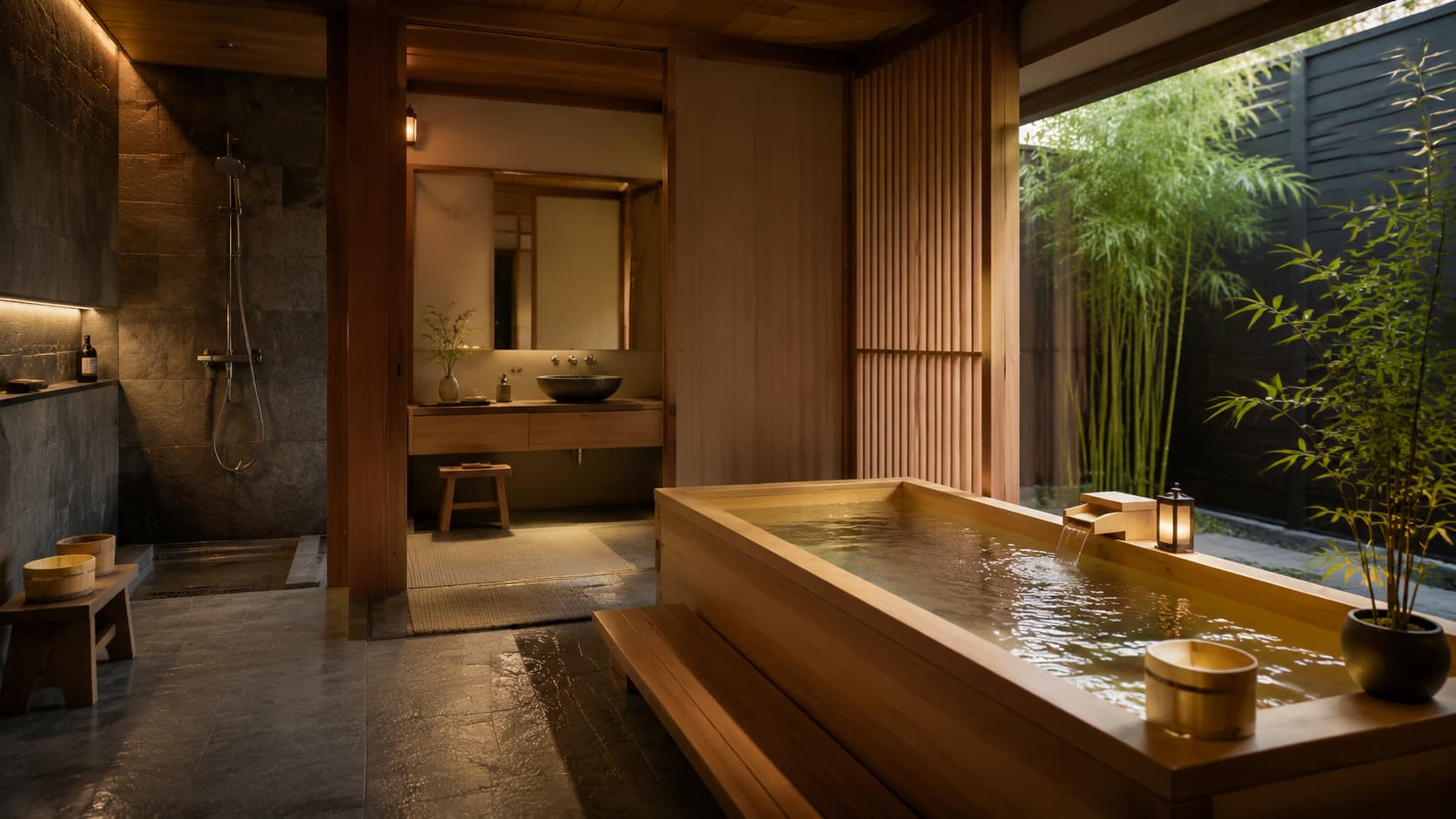 Minimalist Japanese bathroom with a wooden soaking tub, open stone shower, and large window looking out at green bamboo.
