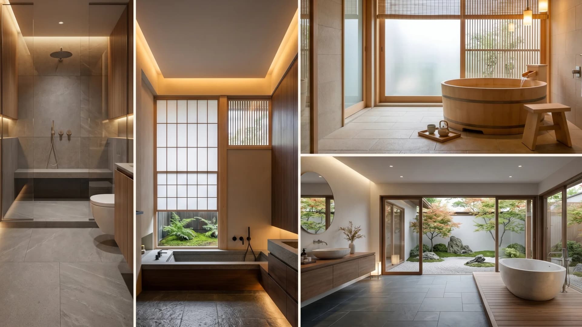 Four-panel collage showcasing minimalist Japanese bathroom layouts, wet rooms, soaking tubs, and clean tile designs.