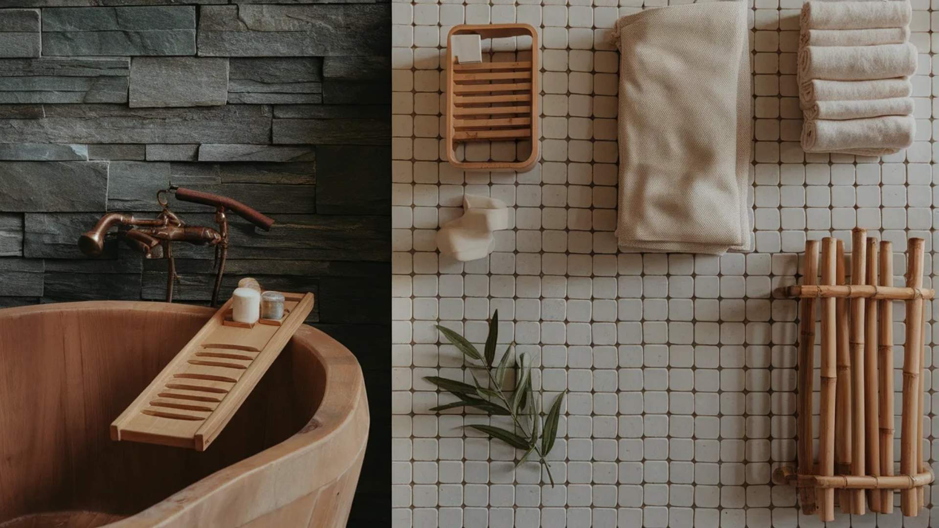A split-screen view showing a wooden soaking tub against a dark slate wall on the left, and a neutral-toned tile layout with bamboo accessories on the right.