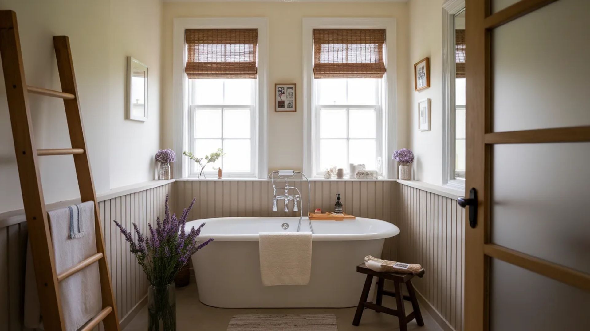 A modern Japanese-style bathroom featuring a deep soaking tub, natural wood paneling, and large windows.
