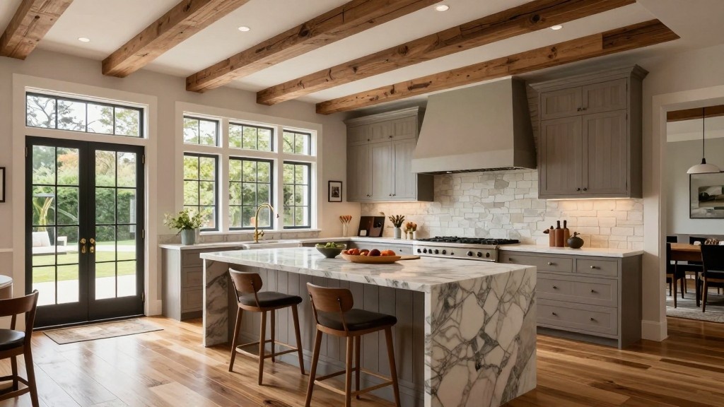 Bright kitchen with marble island, wood beams, and large windows for natural light