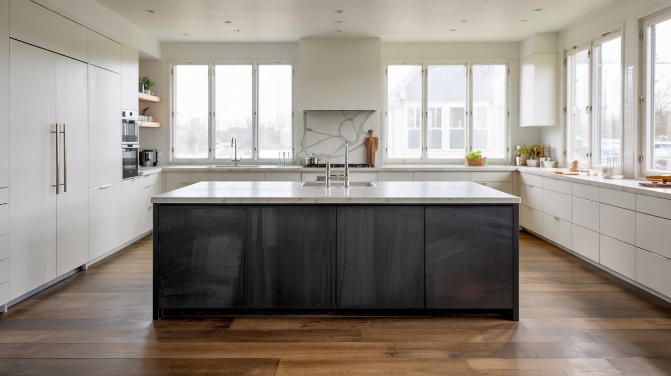 Modern kitchen with a dark island and white perimeter cabinets creating a two-tone contrast for added depth and visual appeal.