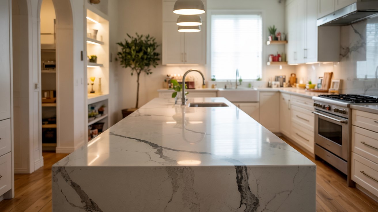 Alt text (under 140 characters): Modern kitchen with a marble-look waterfall edge island countertop creating a seamless, furniture-style centerpiece.