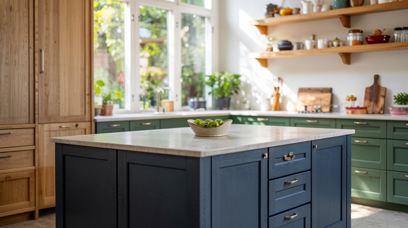 Kitchen with a navy island and forest green cabinets showcasing bold color contrast with natural wood and marble countertops.