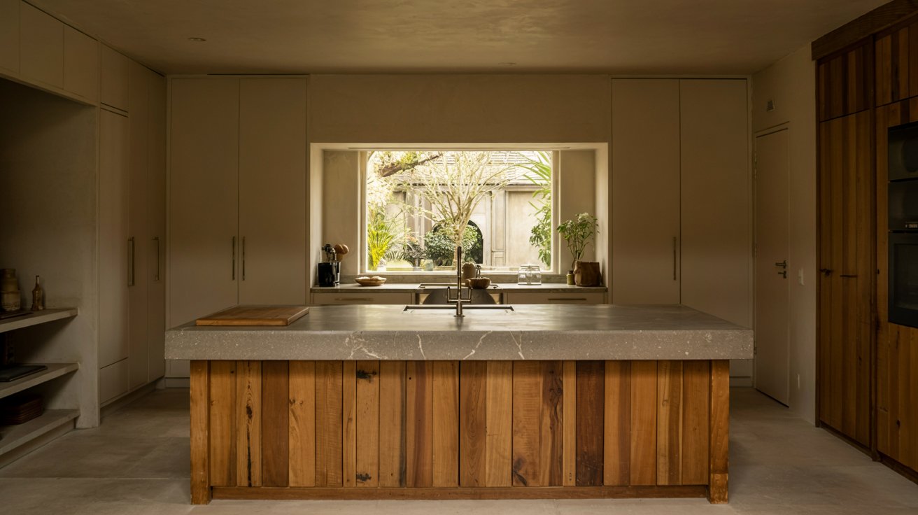 Modern kitchen featuring a natural wood island base with a stone countertop adding warmth, texture, and balance to the space.